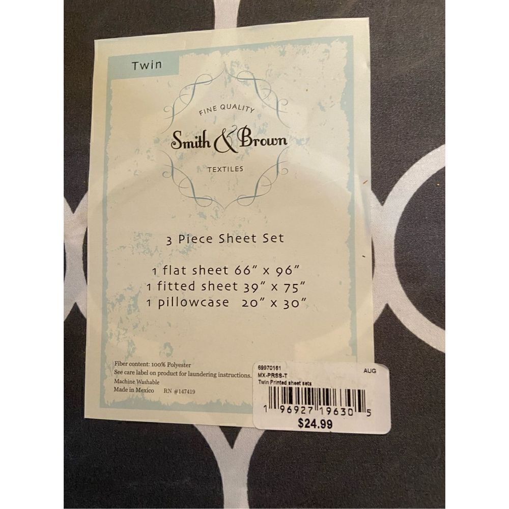 Smith & Brown Twin 3 Piece Sheet Set Grey White Quatrefoil Trellis MX-PRS9-T